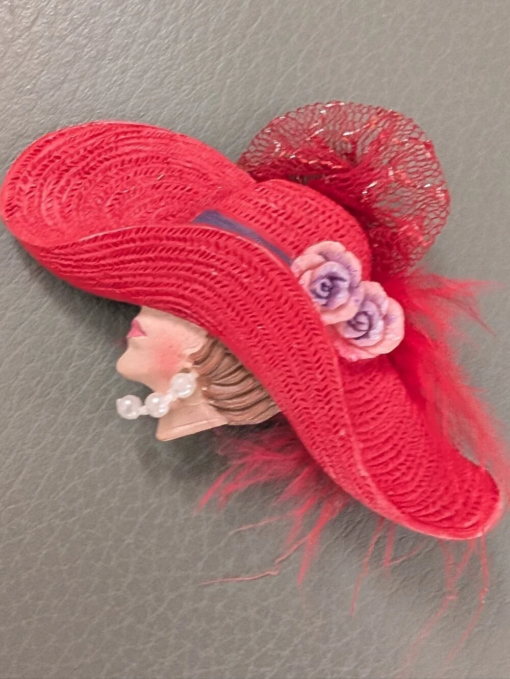 Red Decorative Ladies Hat Brooch with Purple Flower Accents